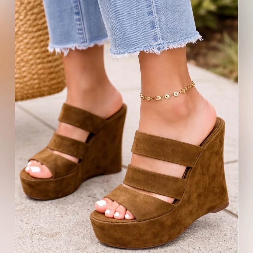 Baldan Tan Brown Suede Platform Wedge Sandals Slide On Mule Designer